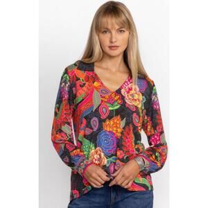 #1660 Johnny Was NWT The Janie Favorite Puff Sleeve Polo Sz XXL Black Emberwing